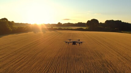 Fototapeta premium Drone Surveying Over Wheat Fields at Sunset