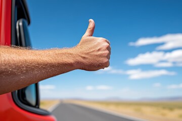 Hitchhiker seeks adventure on an open road under a vast blue sky with fluffy clouds