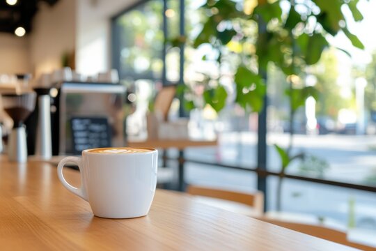 Warm coffee cup rests on wooden table in a cozy cafe filled with sunlight and plants on a peaceful afternoon