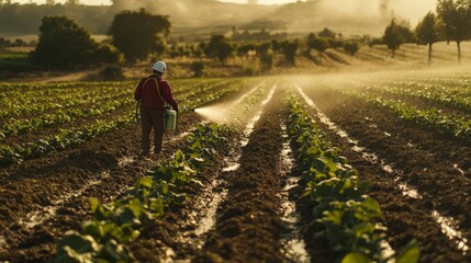 Farmer Spraying Pesticide on Crops in Golden Light