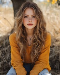 Young Woman With Long Blonde Hair Wearing Mustard Sweater