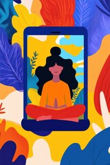 Obraz premium A digital illustration of a woman meditating on a smartphone screen.
