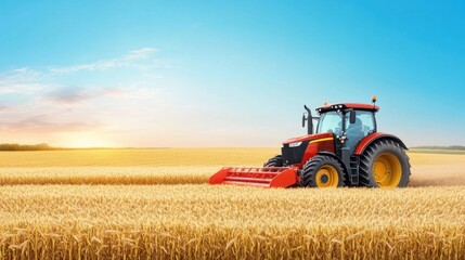 Obraz premium Tractor Working on Golden Wheat Field at Sunset with Clear Blue Sky in Background