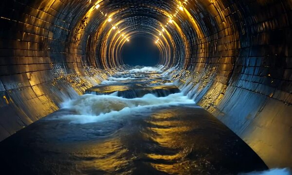 A dimly lit sewer tunnel with flowing water and illuminated walls.