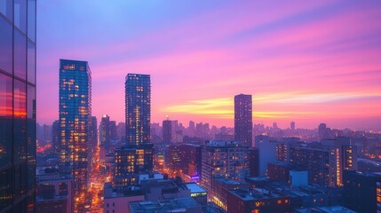 Fototapeta premium City skyline at sunset, glowing skyscrapers, warm colors blending in the sky, reflections in glass windows, urban elegance