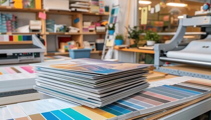 A stack of premium posters and business cards sits amidst printing tools and color swatches in a modern, yet slightly cluttered workspace.