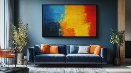 Decorative wall art, vibrant abstract painting, large frame on a minimalistic wall, cozy living space, modern interior design