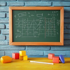 Classroom Chalkboard with Mathematical Formulas and Colorful Blocks