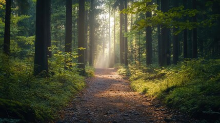 Obraz premium Forest trail hiking, narrow path through tall trees, sunlight filtering through leaves, hiker in the distance, natural and tranquil