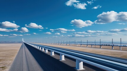 Expansive Straight Railway Track Extending Towards Horizon Under Blue Sky with Fluffy Clouds and Desert Landscape