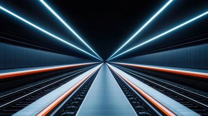 Symmetrical View of Futuristic Train Tracks with Neon Lights Illuminating Dark Underground Tunnel