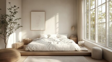 Minimalist bedroom with natural light, clean white linens, wooden furniture, soft textures, large windows, and a serene vibe