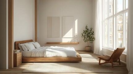 Minimalist bedroom with natural light, clean white linens, wooden furniture, soft textures, large windows, and a serene vibe