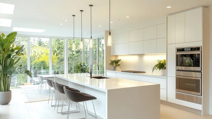 Modern kitchen design, sleek countertops, stainless steel appliances, hanging pendant lights, minimalistic decor, bright and clean