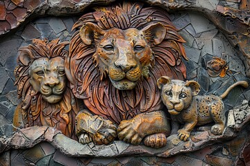 Obraz premium idea for a painting-Majestic lion family in grayscale, symbolizing unity and strength.