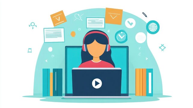 Online learning platform on a laptop screen, interactive interface, digital learning tools, student with headphones focused on coursework