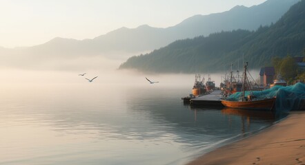 Naklejka premium Fisherman’s Village in the Misty Morning .