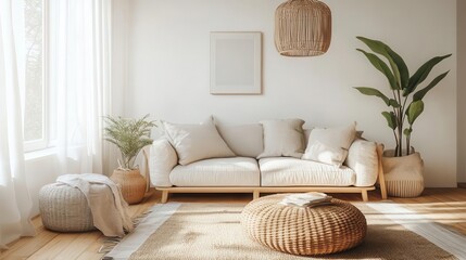 Scandinavian interior, neutral color palette, minimalist furniture, wooden floors, cozy textiles, bright and airy space