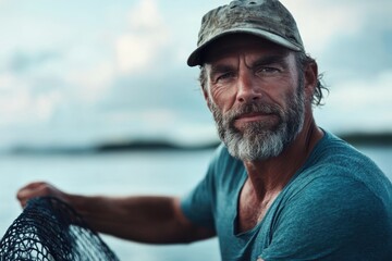 Weathered fisherman gazes thoughtfully toward the horizon on a calm afternoon by the water
