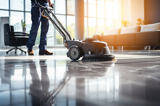 Worker operates cleaning machine on polished floors in contemporary office filled with natural light.