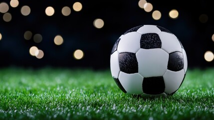 Fototapeta premium Classic Black and White Soccer Ball on Green Field with Bokeh Lights Background at Night