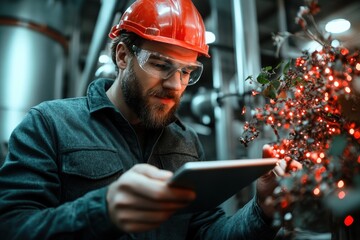 Worker examines smart technology while integrating traditional plants in a modern factory setting during evening hours