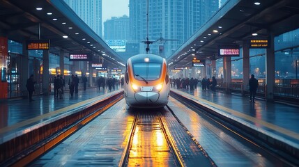 Train station platform, passengers waiting, sleek modern train arriving, urban setting, travel excitement, bright and bustling atmosphere