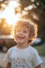 Joyful Child Smiling Against a Bright Sunset Background