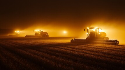 Fototapeta premium Farming Machines Working in Ambient Light at Night