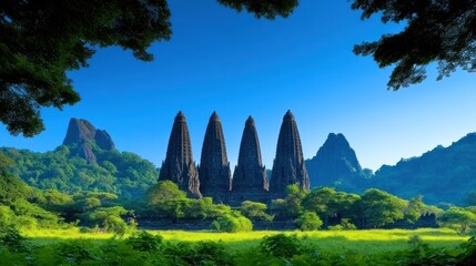 Majestic ancient temple complex surrounded by lush greenery.
