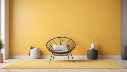 Interior mock up with minimal chair, trendy carpet and stylish home accessories on yellow wall