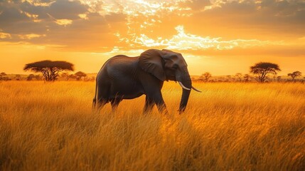 Naklejka premium Wildlife safari, majestic elephant walking through the savanna, golden grasslands, acacia trees, vibrant sunset, wildlife in motion