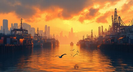 Fototapeta premium Harbor City at Dusk .