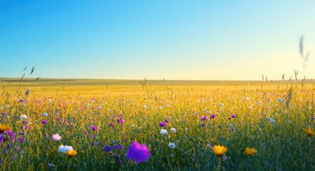 Flowering Grassland in the Savanna with a Clear Sky.