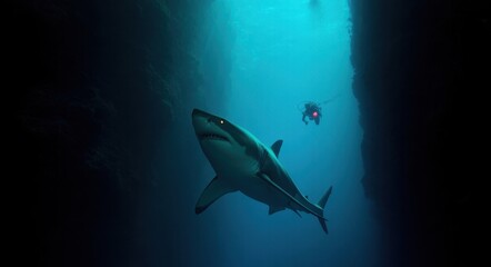 Fototapeta premium Diver Facing a Great White Shark in the Deep Ocean.