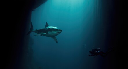 Diver Facing a Great White Shark in the Deep Ocean.