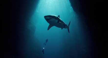 Fototapeta premium Diver Facing a Great White Shark in the Deep Ocean.