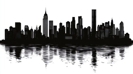 Obraz premium A silhouette of a city skyline reflected on water, emphasizing urban architecture and design.