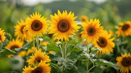 Obraz premium Breathtaking View of Vibrant Sunflowers Against a Background of Lush Green Hills