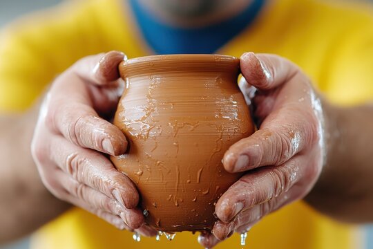 Hands skillfully shape clay into a beautiful pot against a backdrop of creativity and craftsmanship
