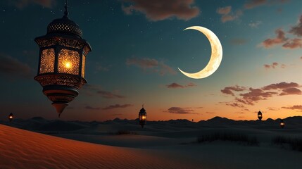 Obraz premium A serene desert landscape at dusk with lanterns and a crescent moon.