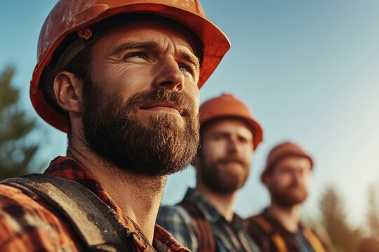 Hardworking lumberjacks showcase dedication while enjoying a moment of reflection amidst towering trees in golden sunlight