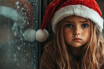 Child in festive hat gazes thoughtfully out of rainy window during winter holiday season