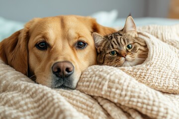 Cozy moments shared between a golden retriever and a tabby cat wrapped in a warm blanket during a calm afternoon