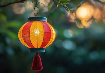 Obraz premium Vibrant Paper Lantern Hanging from a Branch During Dusk, Illuminated with Warm Yellow and Red Hues Against a Soft Blurry Background of Nature