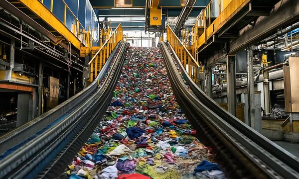 A large conveyor belt covered in discarded clothing in a recycling facility.