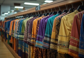 Vividly Colored Traditional Attire Displayed on Hangers in a Fashion Store, Showcasing a Variety of Unique Patterns and Textures for Cultural Celebrations and Events
