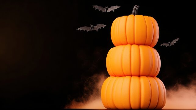 Three stacked pumpkins with bats in a spooky Halloween setting.