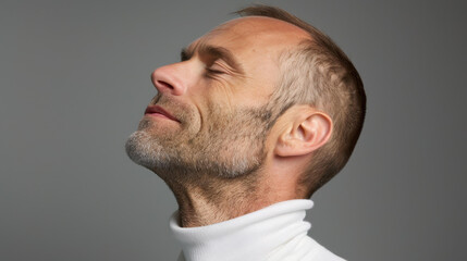 Obraz premium A man in a white turtleneck gazes upwards against a subtle gray backdrop, embodying confidence and curiosity.