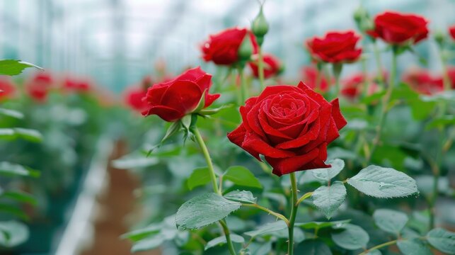 Lush red roses bloom under a bright greenhouse, showcasing vibrant colors and healthy growth for stunning floral displays.